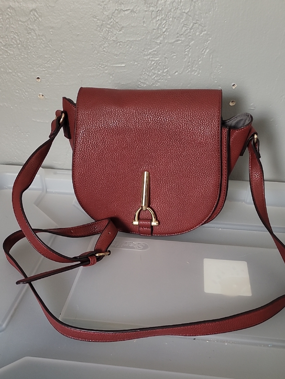 JustFab Burgundy Saddle Crossbody with Gold Accent